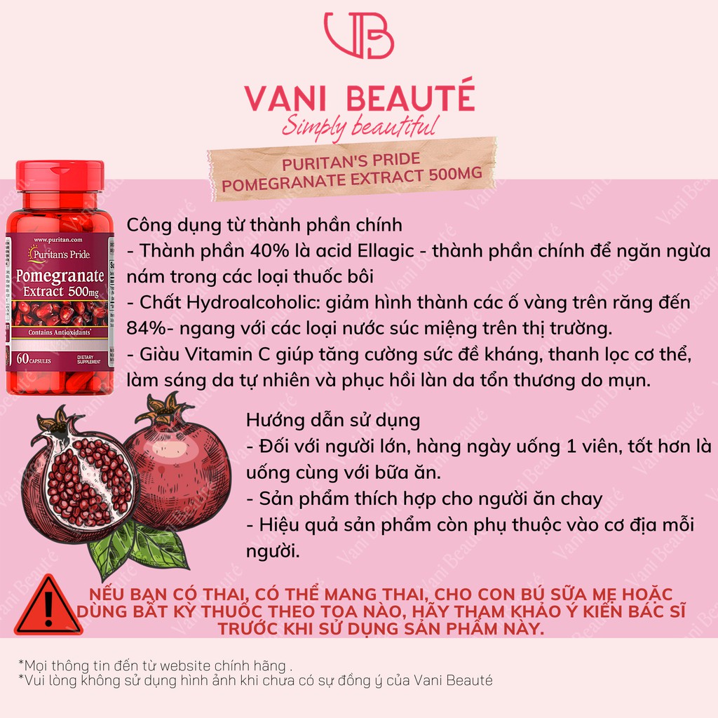 Viên chống nắng nội sinh chiết suất lựu Puritan's Pride Pomegranate Extract 500mg 60 viên