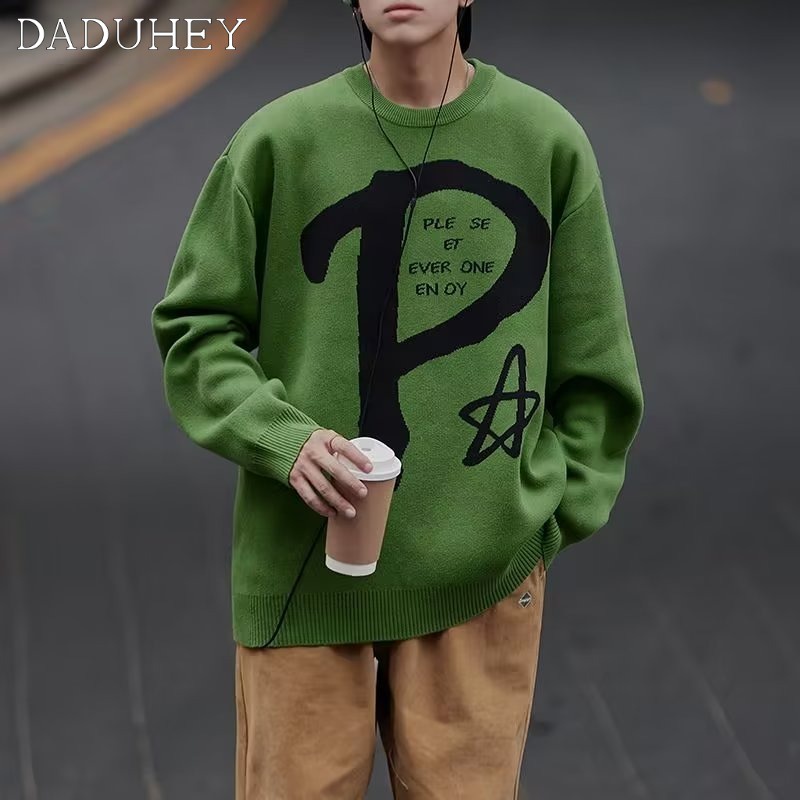 DaDuHey Men's Thin Loose-Fitting Non-Hoodie Pullover Sweater Round Neck Autumn All-Matching Hoodie Casual Top
