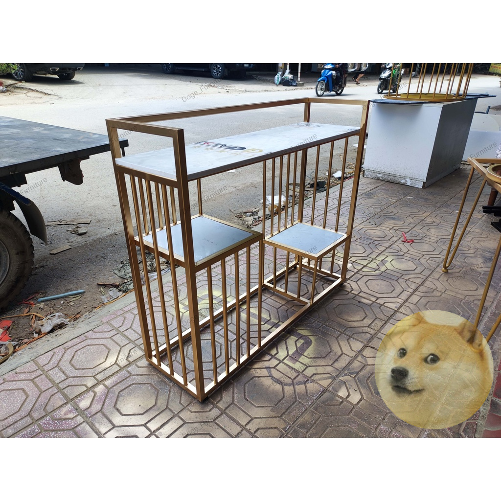 Bàn Console mặt đá, kệ bàn hành lang, console kê sát tường khung vuông ba tầng thanh sọc