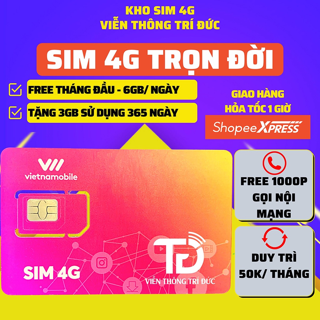 Sim 4G Vietnamobile Shopee Data 180Gb (6Gb/Ngày - Thánh Úp &amp; Trọn Đời) - Gọi Miễn Phí - Sim Không Giới Hạn Data