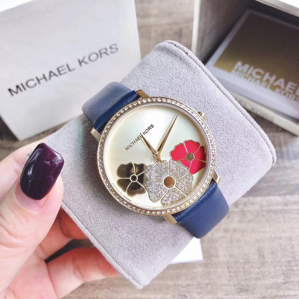 ĐỒNG HỒ NỮ MICHAEL KORS MK2726 JARYN , MẶT HOA , DÂY DA MÀU XANH , SIZE 38MM