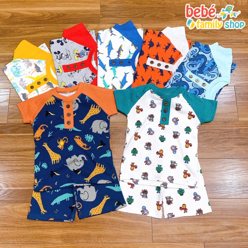 Bộ quần áo cho bé trai cộc tay, cổ trụ họa tiết khủng long, thú, mặc nhà chất thun bozip - STG bebefamilyshop