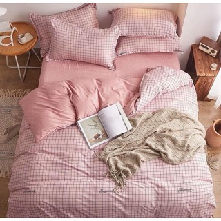 Bọ vỏ chăn ga gối cotton poly kẻ caro hồng đỗ