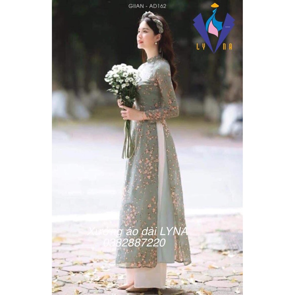 Áo dài hoa nhí xanh rêu đẹp, áo dài dáng truyền thống 4 tà siêu xinh