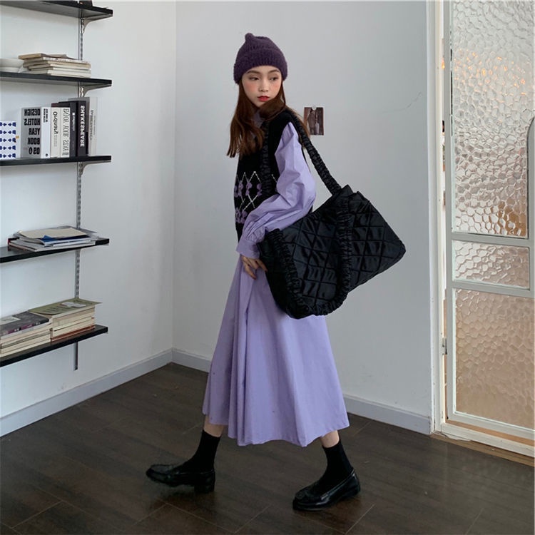 Set Đầm Tay Dài Màu Tím + Áo Khoác Len Không Tay Thiết Kế Mới Thời Trang Dành