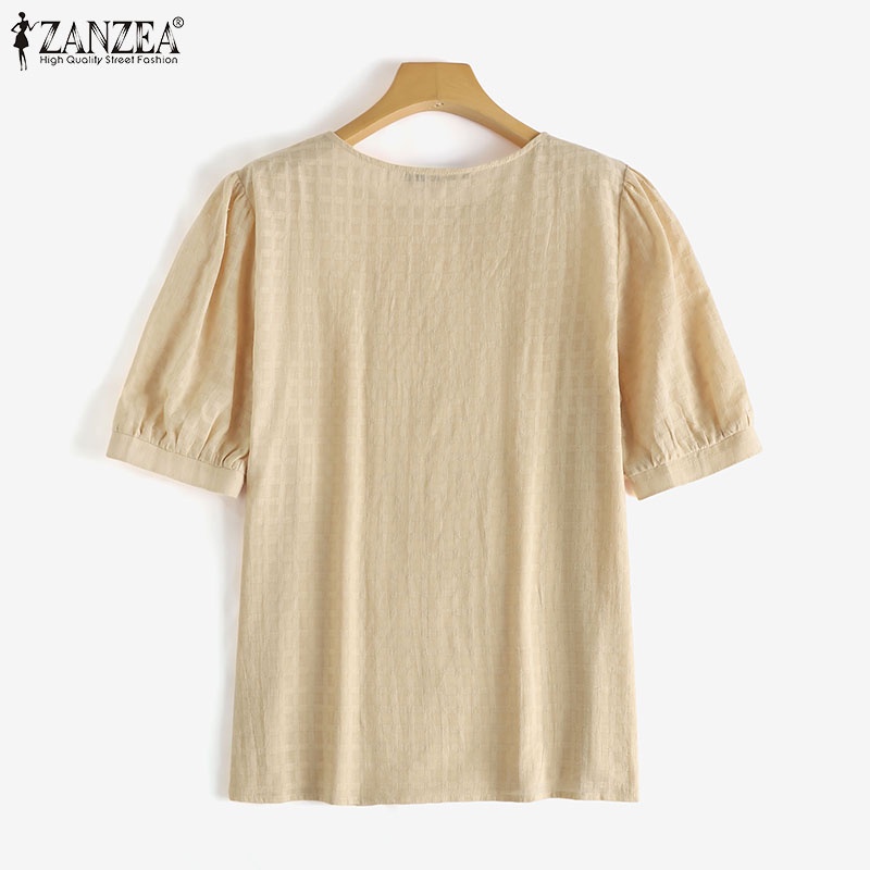 Zanzea Áo Tay Phồng Cổ Tròn Họa Tiết Kẻ Sọc Dáng Rộng Thời Trang Dành Cho Nữ
