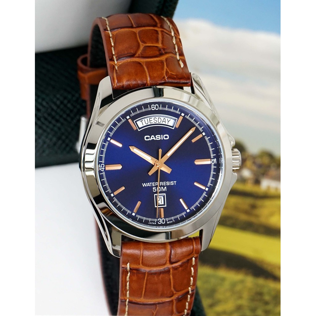 Đồng hồ nam Casio MTP-1370L-2AV Dây Da Màu Nâu - Nền Mặt Màu Xanh