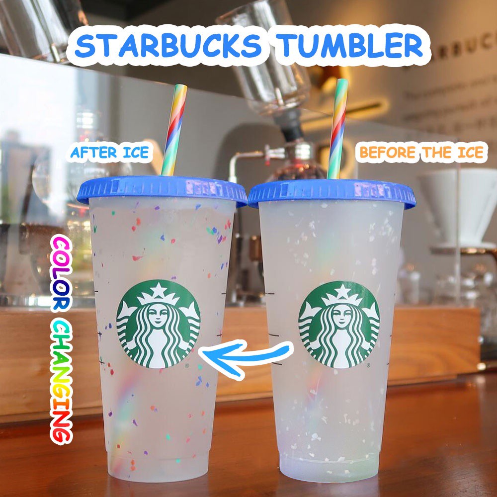 Bộ ly uống nước hình Starbuck đổi màu chất liệu nhựa PP tái sử dụng kèm ống hút 24oz/700ml