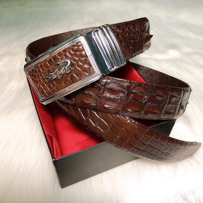 Dây thắt lưng da cá sấu thật 100%, 3.3 cm, màu nâu socola, da lưng cá sấu, đầu nịt tự động