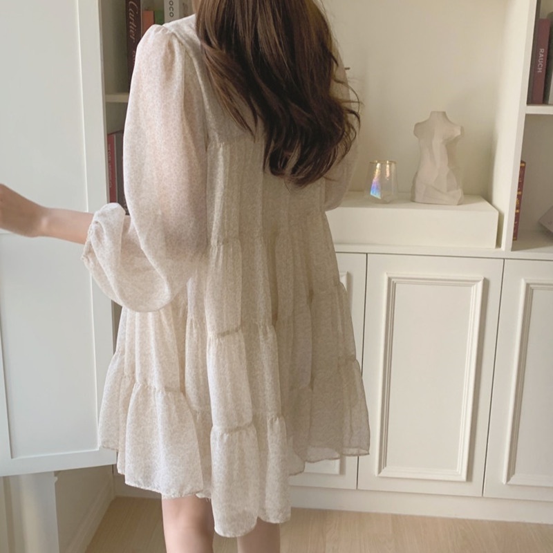 Váy Hoa Nhỏ Hàn Quốc 168268 Đầm Chiffon Tay Dài Dáng Rộng