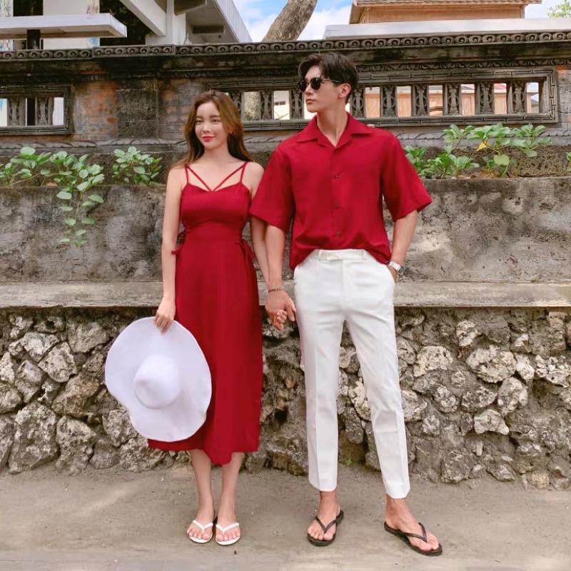 Áo váy đôi đi biển, dạo phố, chụp cưới 2 dây đỏ đan eo tôn dáng Forever Couple Store (giá gồm áo và váy)