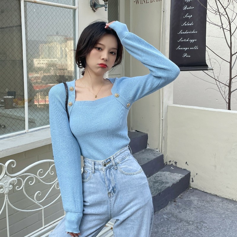 Áo sweater dệt kim ZHELIHANGFEI tay phồng cổ vuông trẻ trung gợi cảm thời trang