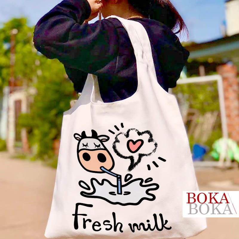 Túi Tote Bò Sữa Vải Canvas Quai Tròn Có Khóa Miệng Túi