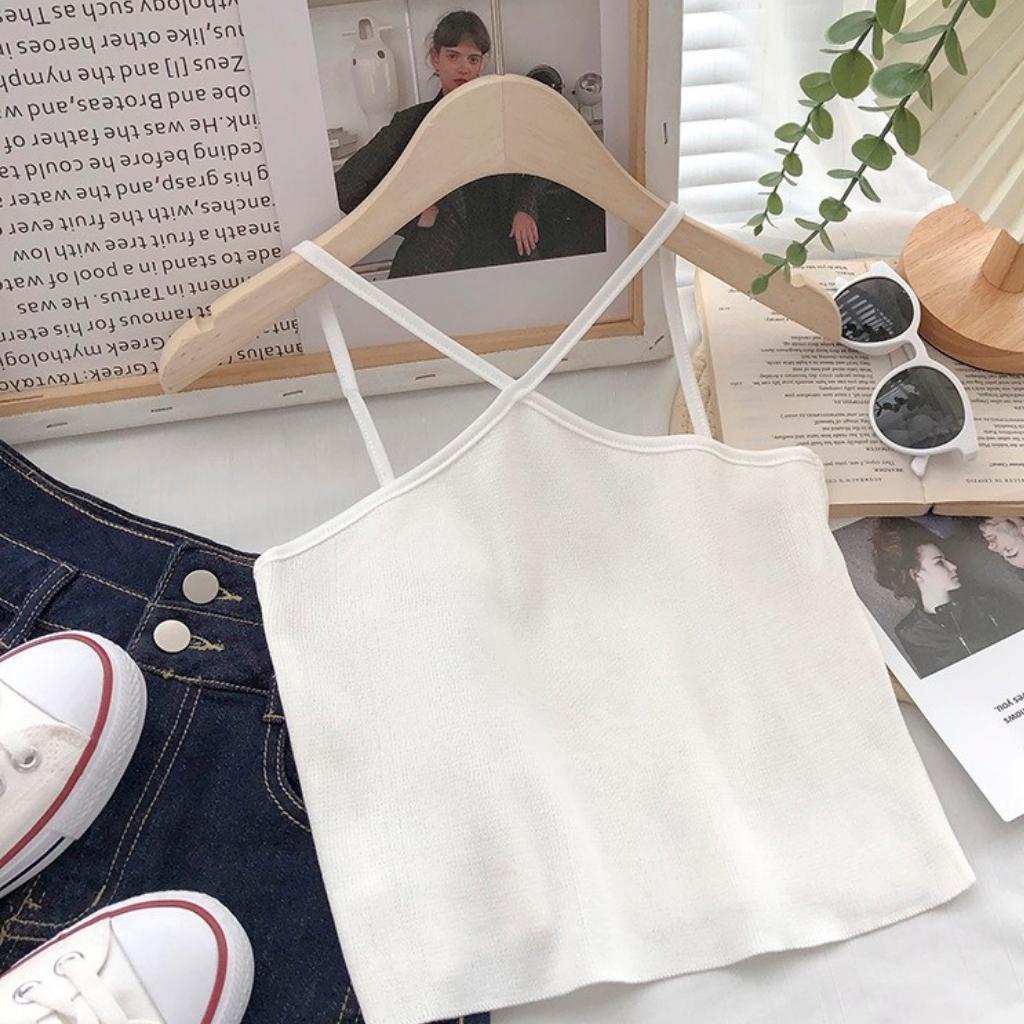 Áo Bra Croptop Cổ Yếm Chéo Dây Phong Cách Hàn Quốc
