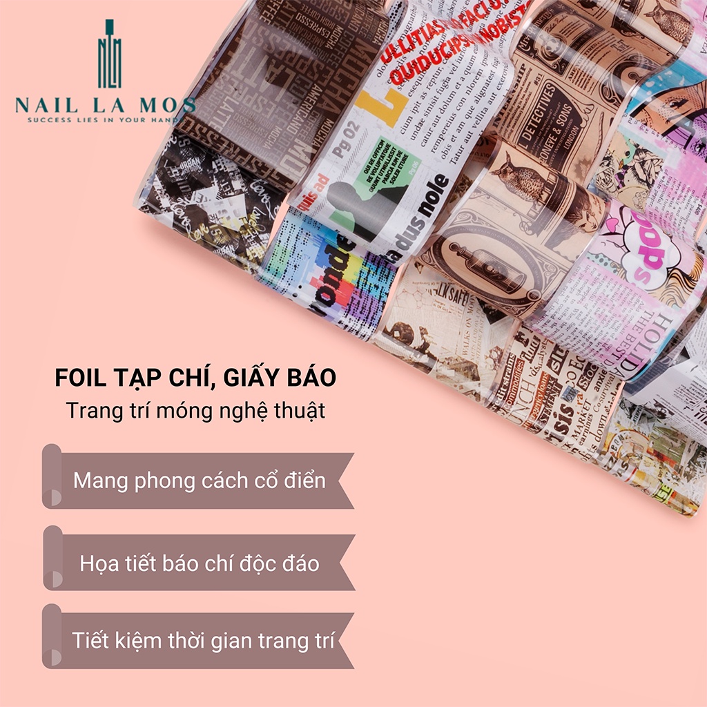 Set 10 mẫu foil tạp chí, giấy báo tráng trí móng tay nghệ thuật 4*50cm