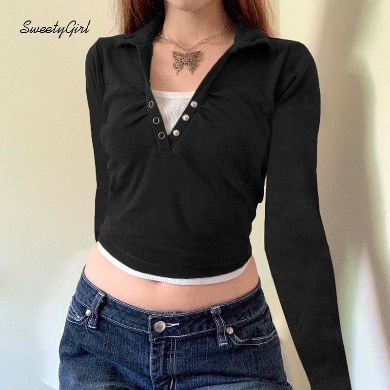 Áo Thun Polo Tay Dài Cổ Chữ V Màu Tương Phản Thời Trang 2022 Dành Cho Nữ