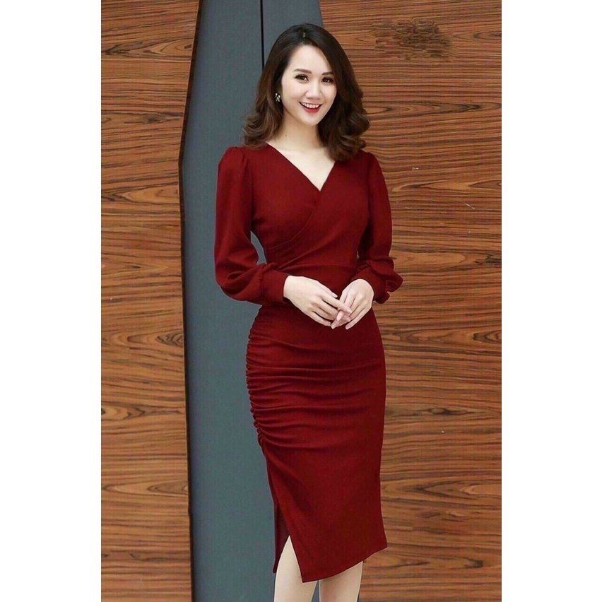 Đầm Ôm Body Cổ Tim Dài Tay xẻ tà lẻ, đầm dự tiệc sang chảnh 3 màu xanh đỏ đen - TM25
