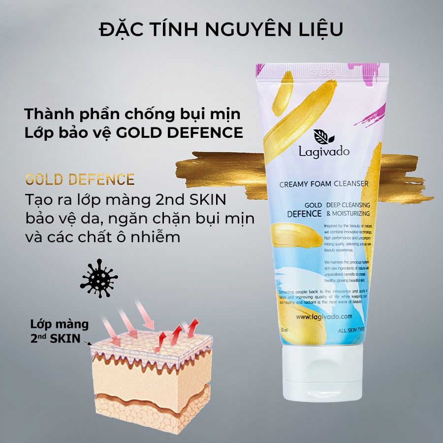 Sữa rửa mặt trắng da Hàn Quốc Lagivado không làm khô, căng da dành cho cả da dầu mụn, nhạy cảm Creamy Foam Cleanser 50ml | BigBuy360 - bigbuy360.vn
