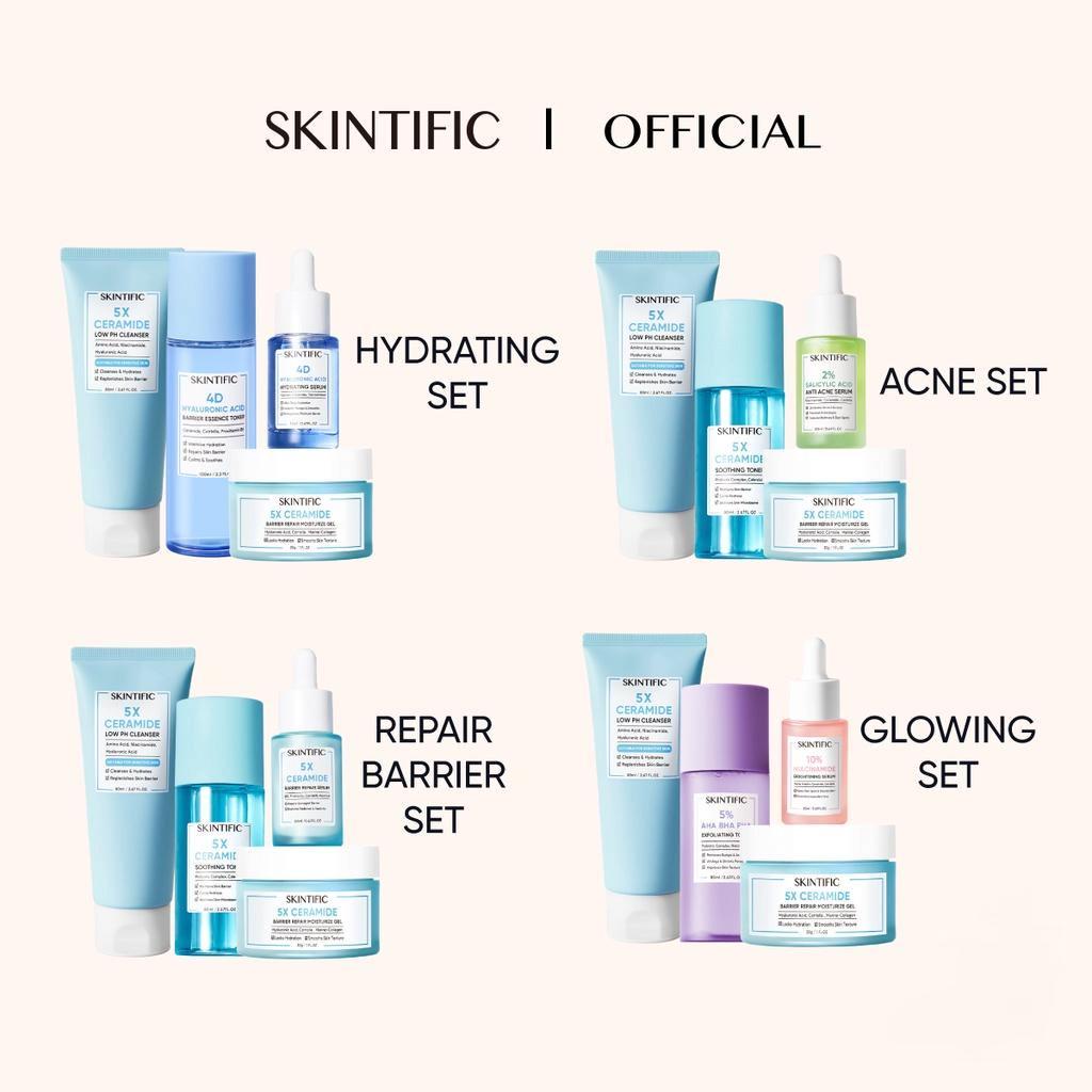 Combo SKINTIFIC gồm Sữa rửa mặt 5X 80ml + Toner 80ml + Toner 100ml + Serum 20ml + Kem dưỡng ẩm 5X 30g