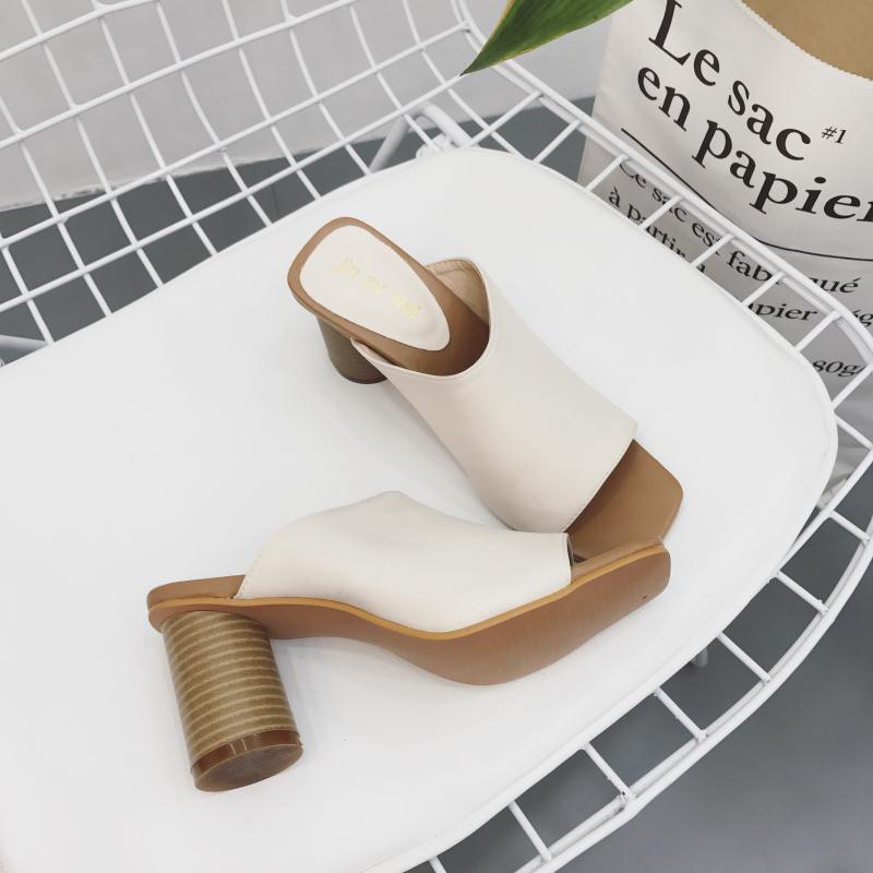 ▩❂High-heeled slippers women s summer fashion all-match outer wear leather thick-heeled mules personality square-toe outdoor Korean sandals women