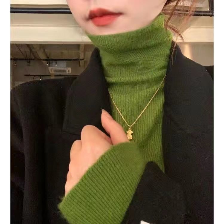 Áo sweater dệt kim cổ lọ màu xanh lá thời trang xuân thu cho nữ 2022