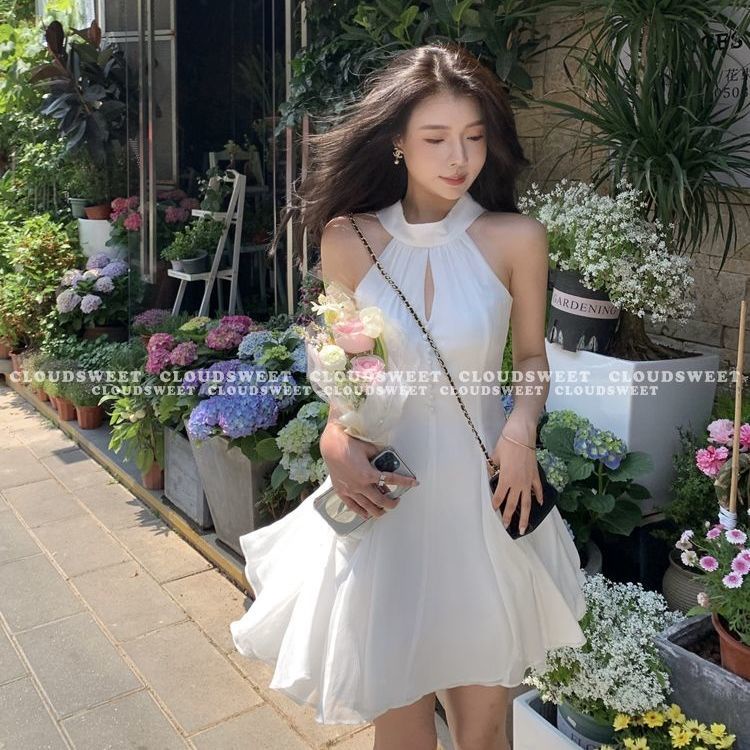 Đầm dáng ngắn không tay cổ yếm phối ruy băng thời trang mùa hè sang trọng dành cho nữ