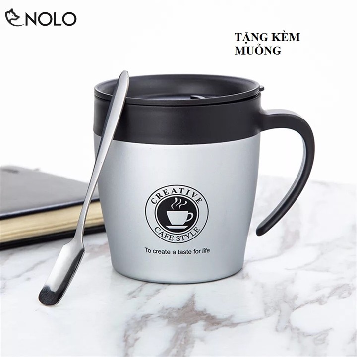 Ly Cốc Giữ Nhiệt Creative Cafe Style 330ml Ruột Inox 304 Có Tay Cầm Tặng Kèm Muỗng Tiện Lợi