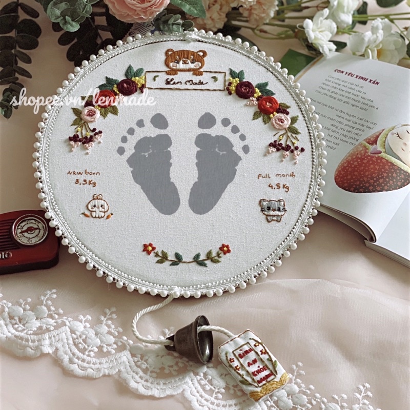 DIY bộ Kit tự thêu tay embroidery IN DẤU CHÂN TAY cho trẻ lưu giữ kỉ niệm trang trí thôi nôi full month ý nghĩa lenmade