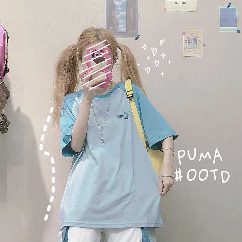 Áo Phông Unisex In Logo Báo 🦋 Áo Thun Cộc Tay Dáng Rộng Vai Phối 2 Màu 🦋