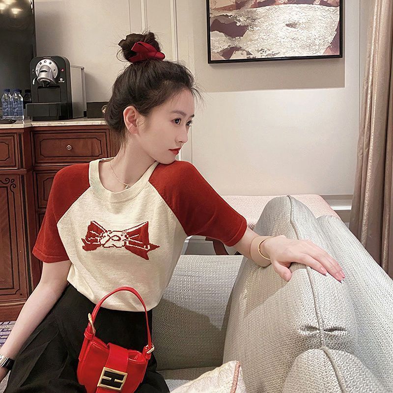 Áo Thun Dệt Kim Ngắn Tay Thắt Nơ Phong Cách Hàn Quốc Gợi Cảm Cho Nữ