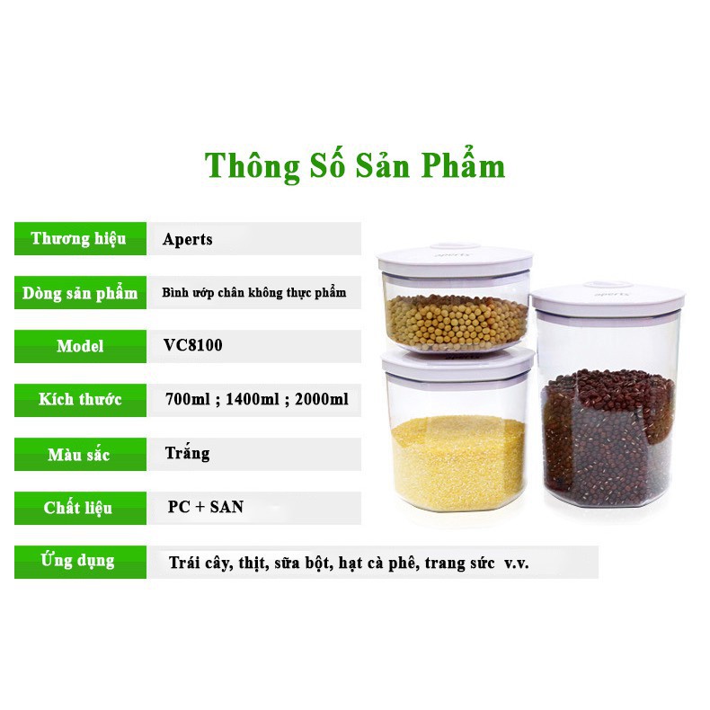 Bộ 3 bình chân không bảo quản thực phẩm, vật dụng trang sức Aperts