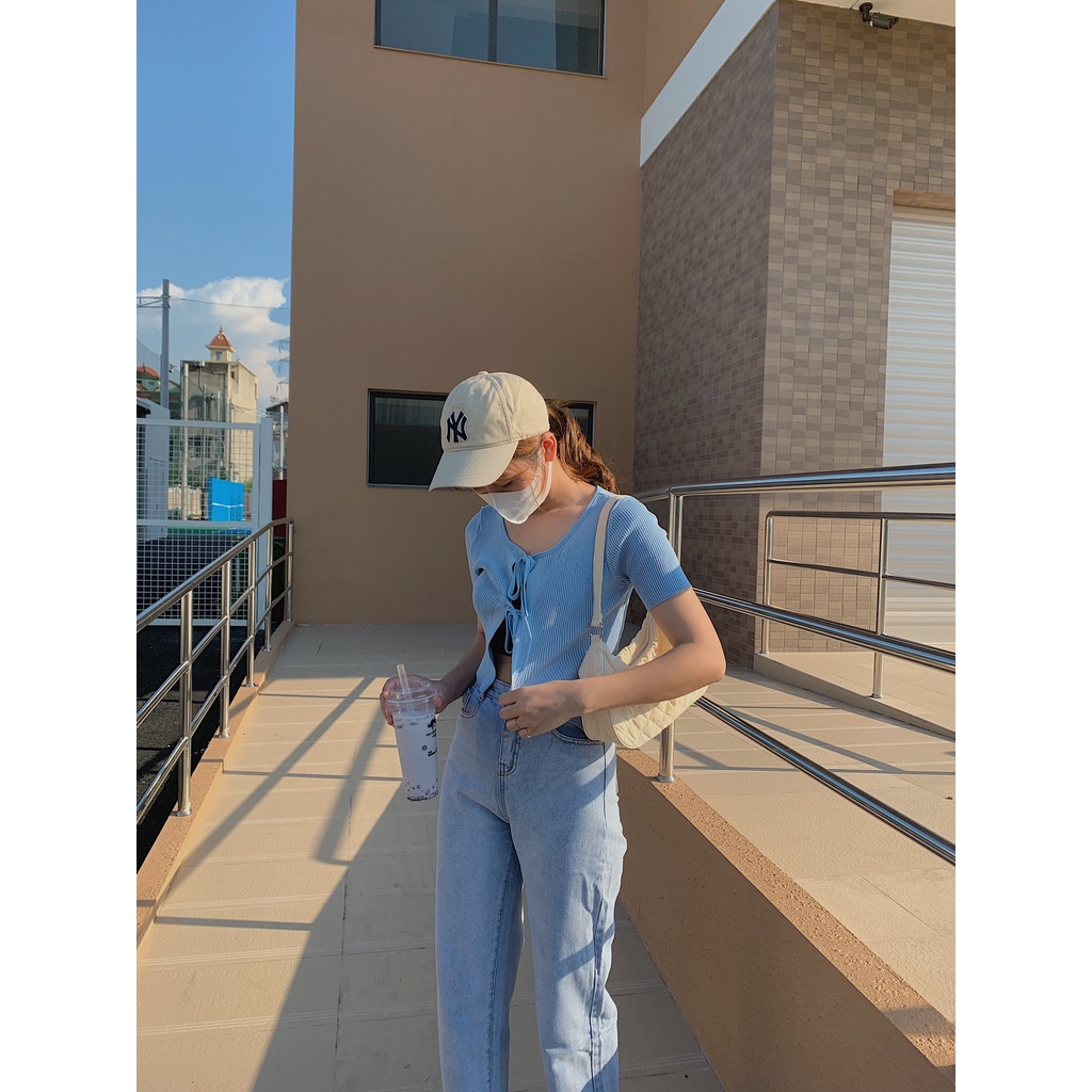 Áo len tăm ngắn tay ngực buộc dây nơ LEN93 LOLLIE STUDIO