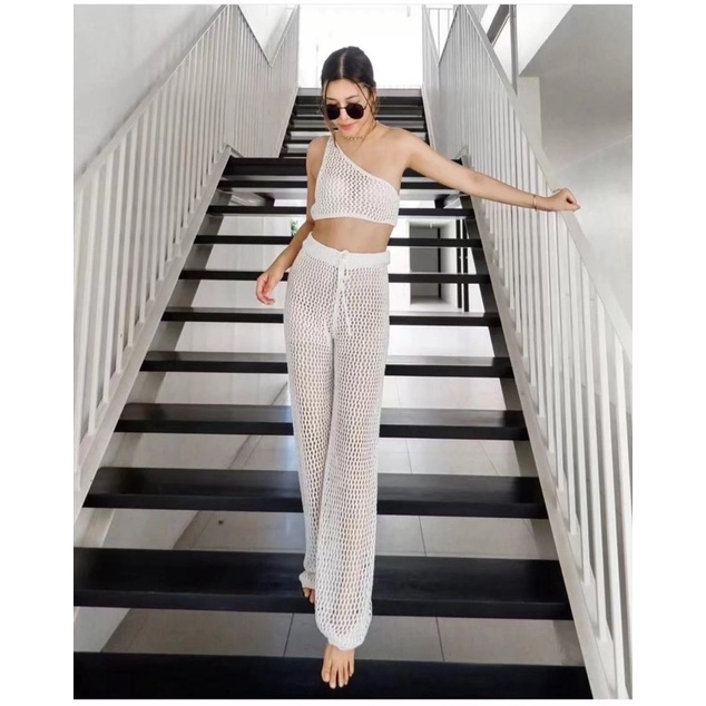 Set ren lưới quần dài áo bra lưới lệch vai mới QC cực hot