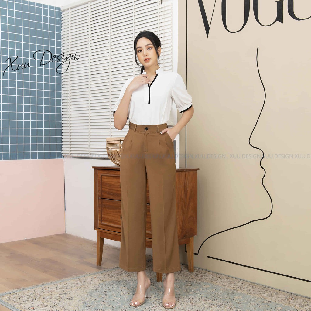 Áo sơ mi nữ công sở vải lụa tay lỡ cổ trụ phối viền đen - XUU DESIGN - SP18