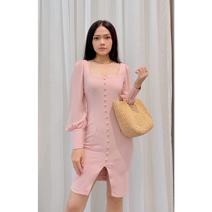 Đầm Bút Chì Cổ U Tay Dài Buột Nơ CQA Boutique CQA0008 Màu Hồng Xinh Xăn Chất Vải Scuba Crepe Cao Cấp