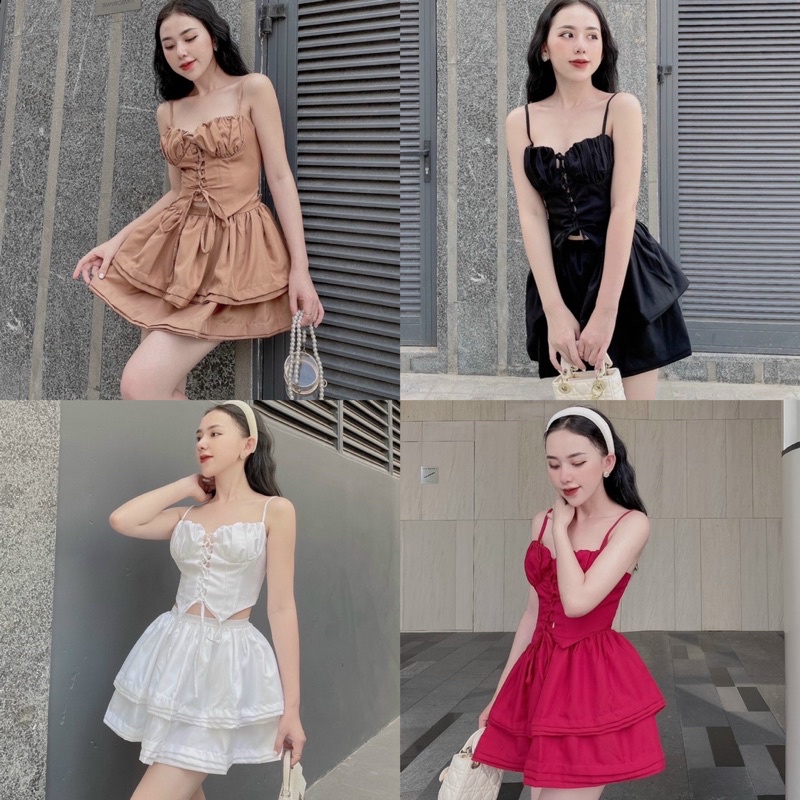 Set áo 2 dây phối chân váy ngắn xoè bèo tầng, thời trang hot girl dễ thương quyến rũ đi chơi dự tiệc đỏ đen trắng vàng