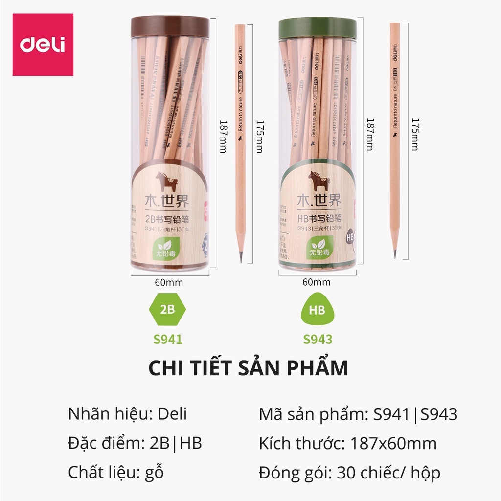 Hộp 30 bút chì lục giác/tam giác Deli - loại HB/2B thân gỗ tự nhiên an toàn cho người sử dụng, vẽ mỹ thuật phác thảo