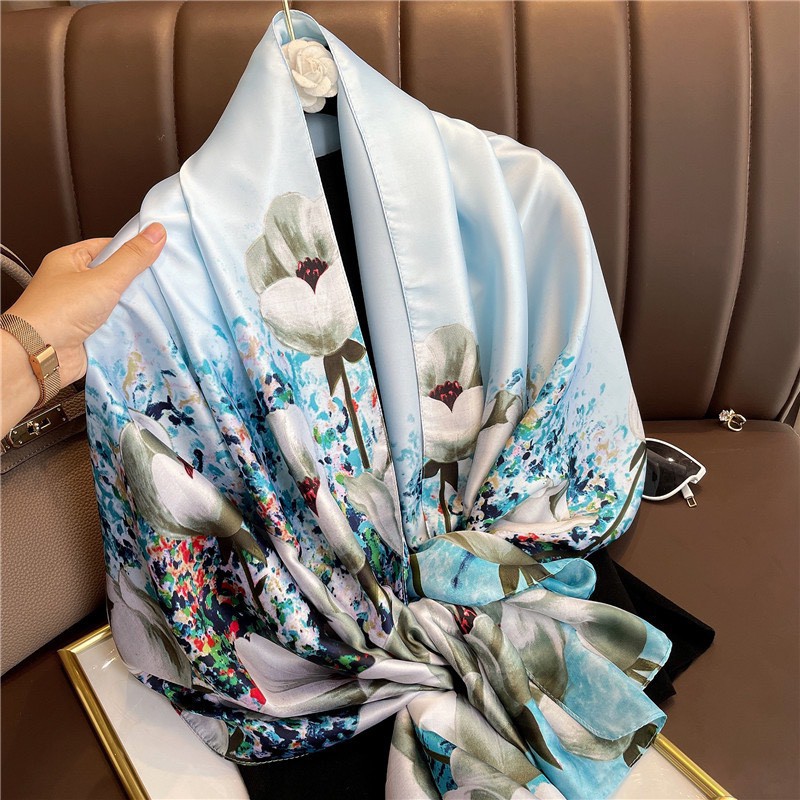 KHĂN CHOÀNG LỤA HOA XANH NHẸ NHÀNG BẢN 180*90SALE SỐC KHĂN LỤA SATIN CHO QUÝ CÔ SANG CHẢNH