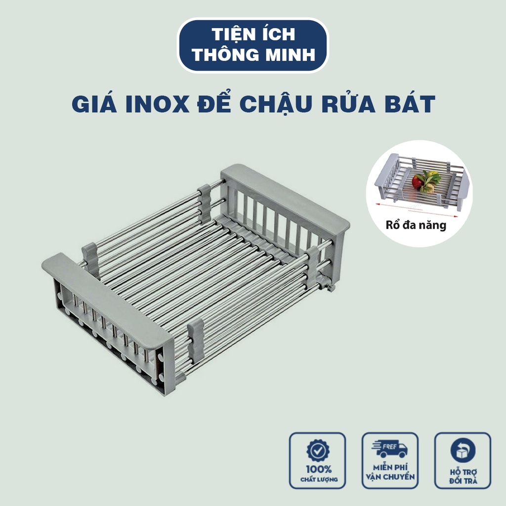 Giá inox co giãn để chậu rửa bát - rổ inox rút gọn đa năng đựng đồ đa năng, chất liệu nhựa ABS cứng
