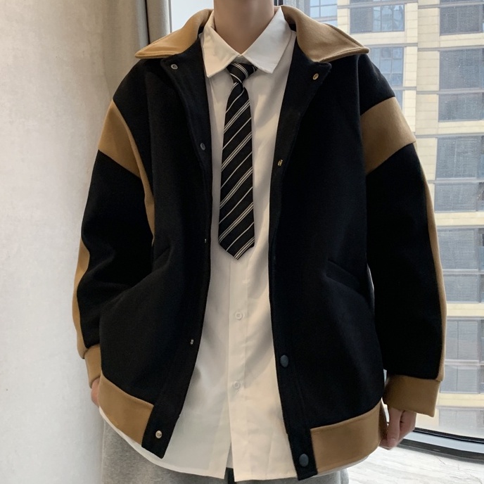 Áo khoác nam form rộng, áo khoác dạ cổ cao phối nâu thời trang Unisex phong cách Hàn Quốc