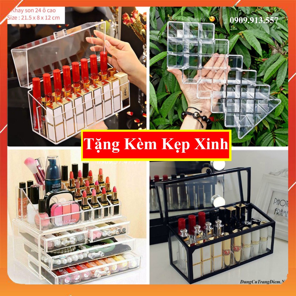 Khay Đựng Son Giá Rẻ, Mỹ Phẩm, Phấn 9, 12, 16, 18, 24, 36, 44 Ô Mica Dày Trong Suốt Cao Cấp Có Nắp Chống Bụi