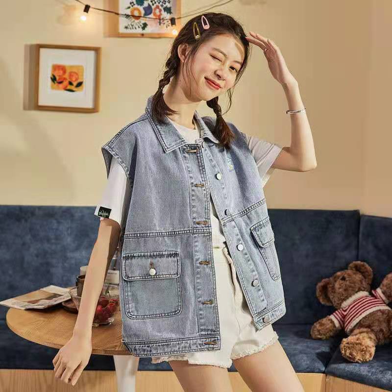 Áo Khoác Denim Không Tay Cá Tính 1255874 Áo Khoác Cardigan Không Tay Dáng Rộng Phong Cách Hàn Quốc Trẻ Trung