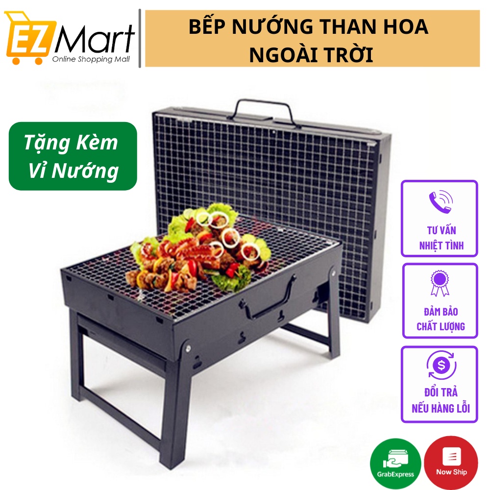 Bếp Nướng Than Hoa Không Khói Tiện Dụng Dạng Vuông Có Chân Gấp Gọn Tiện Lợi Tặng Kèm Vỉ Nướng Inox