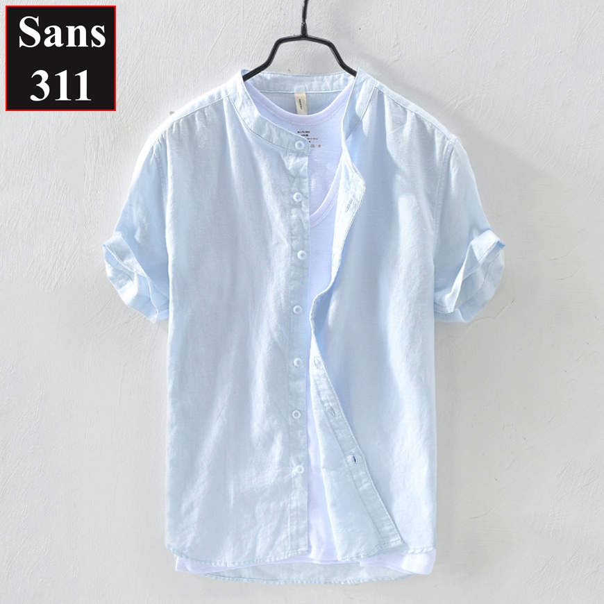 Áo sơ mi nam ngắn tay Sans311 chất linen đũi trơn thoáng mát đẹp cổ trụ cao cấp trắng xanh dương xám nhạt than be