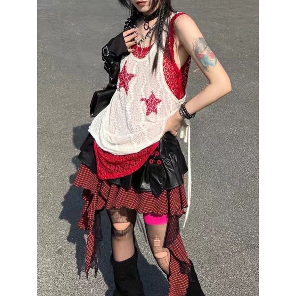 Áo lưới 2 lớp hoạ tiết sao Rock Star phong cách Gothic Y2K