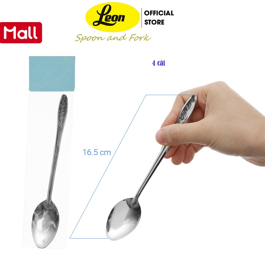 Bộ 4 muỗng cà phê inox 410 cán dài hoa văn 16.5 cm  LEONBH029