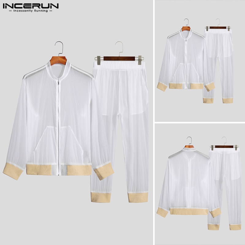 INCERUN Áo Sơ Mi Tay Dài Có Khóa Kéo + Quần Legging Thể Thao Thời Trang Cho Nam