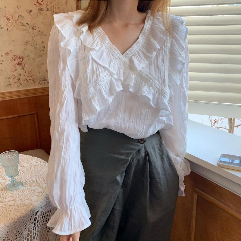 Áo Sơ Mi Tay Dài Cổ Chữ V Dáng Rộng Xếp Ly Thời Trang Mùa Thu Hàn Quốc Mới