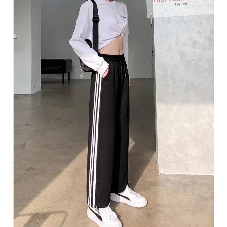 Quần thể thao nữ ống rộng 3 sọc bo gấu vải Umì Unisex đen dáng suông dài - Quần jogger nữ ống suông dây rút mặc đi học