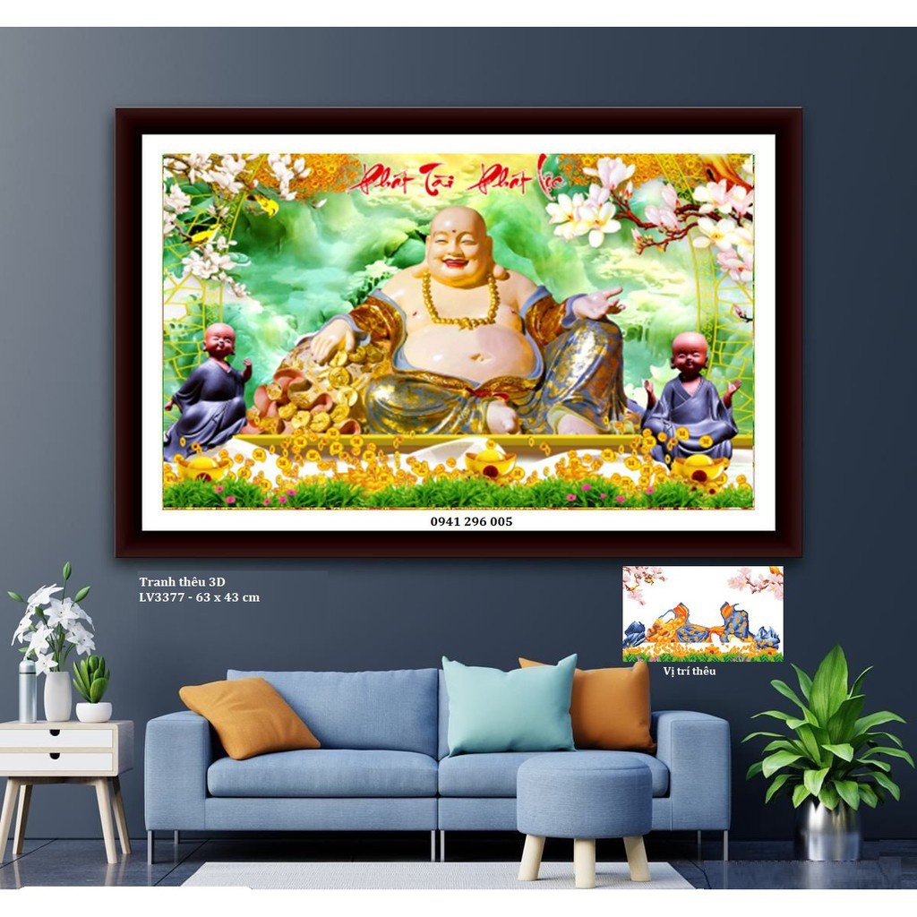 Tranh thêu phật di lạc KT:63x43cm,tranh chưa thêu.Tặng kéo và xỏ chỉ.